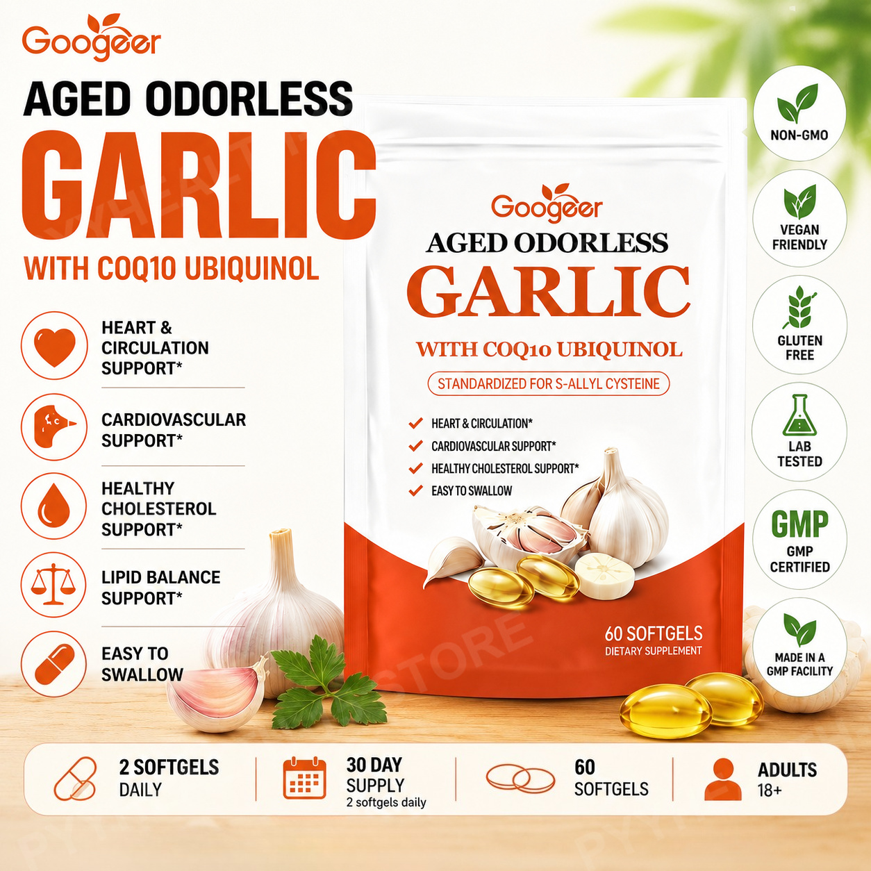 Coq10 Ubiquinol Softgel - Googeer Aged Odorless Garlic Extract Softgels