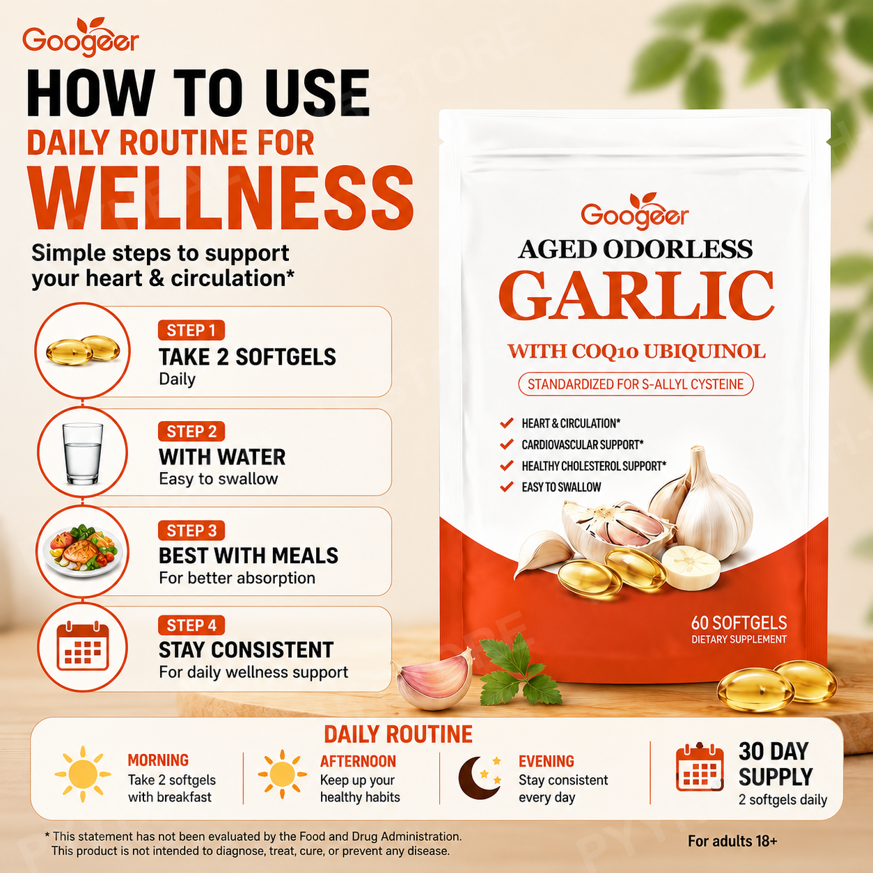 Googeer Aged Odorless Garlic E - Coq10 Ubiquinol Softgel reseña y precio